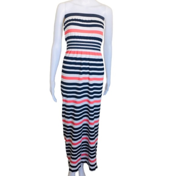 ARDENE Stripe Bandeau Strapless Maxi Dress Navy Blue Size XS - Picture 1 of 9